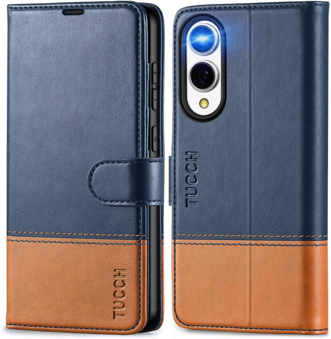 TUCCH Case Wallet for Galaxy S25 Edge, PU Leather Magnetic Kickstand [RFID Blocking] 4 Card Slot Folio Flip Cover with [TPU Shockproof Interior Case] Compatible with Galaxy S25 Edge 6.7", Blue & Brown