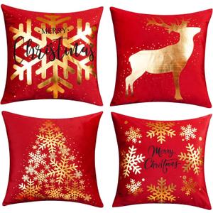 ONWAY Red Christmas Decorations Gold Throw Pillow Covers 20x20 Set of 4 Snowflakes Reindeer Decorative Cushion Cases Xmas Golden Decor for Couch Sofa Bedroom