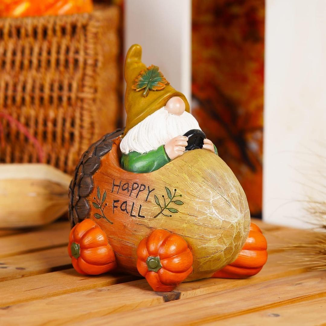 Topadorn Fall Gnome Statue Pine Cone Car with Pumpkin Wheel, Autumn Harvest Gnome Resin Figurine for Home and Outdoor, Thanksgiving Party Home Gnomes Decor