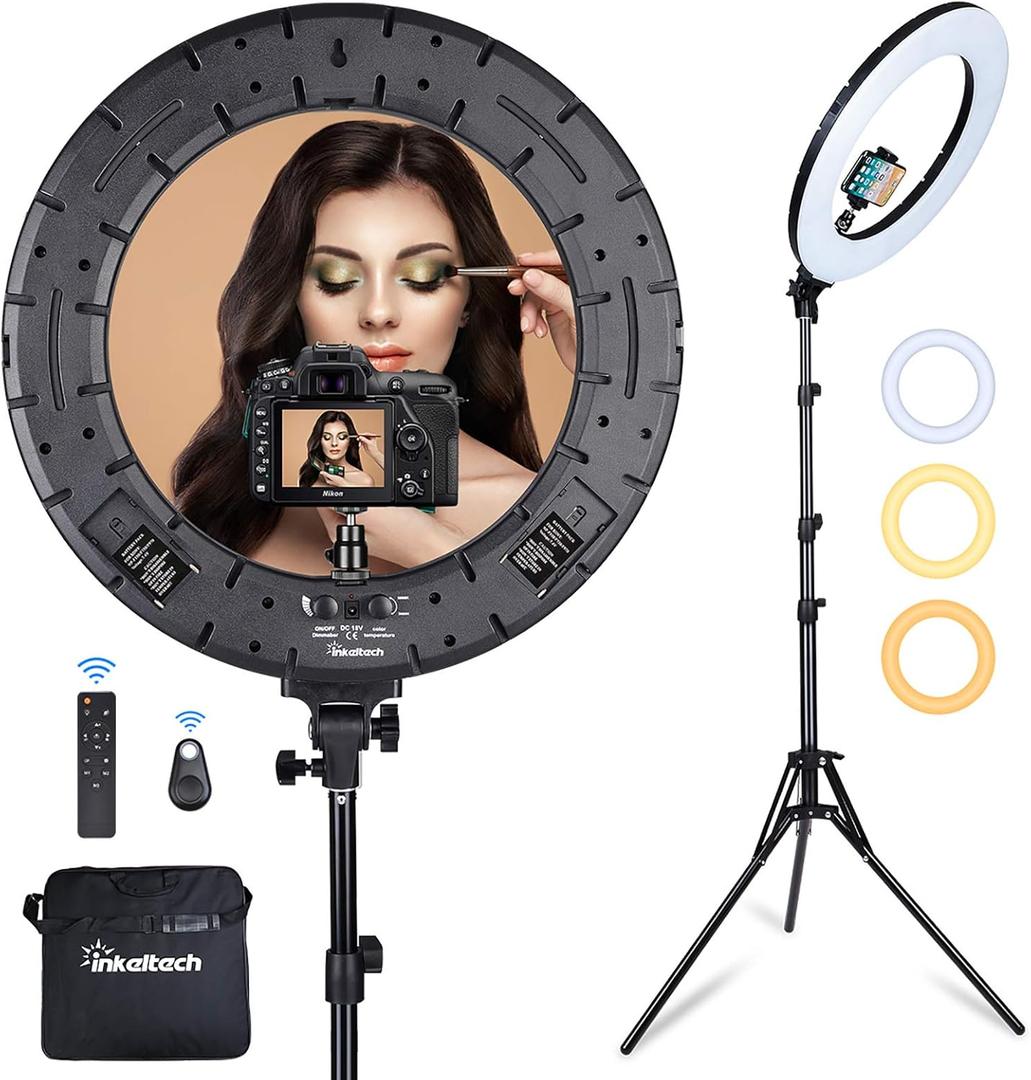 Ring Light - 18 inch 60 W Dimmable LED Ring Light Kit with Stand - Adjustable 3000-6000 K Color Temperature Lighting for Vlog, Makeup, YouTube, Camera, Photo, Video - Control with Remote