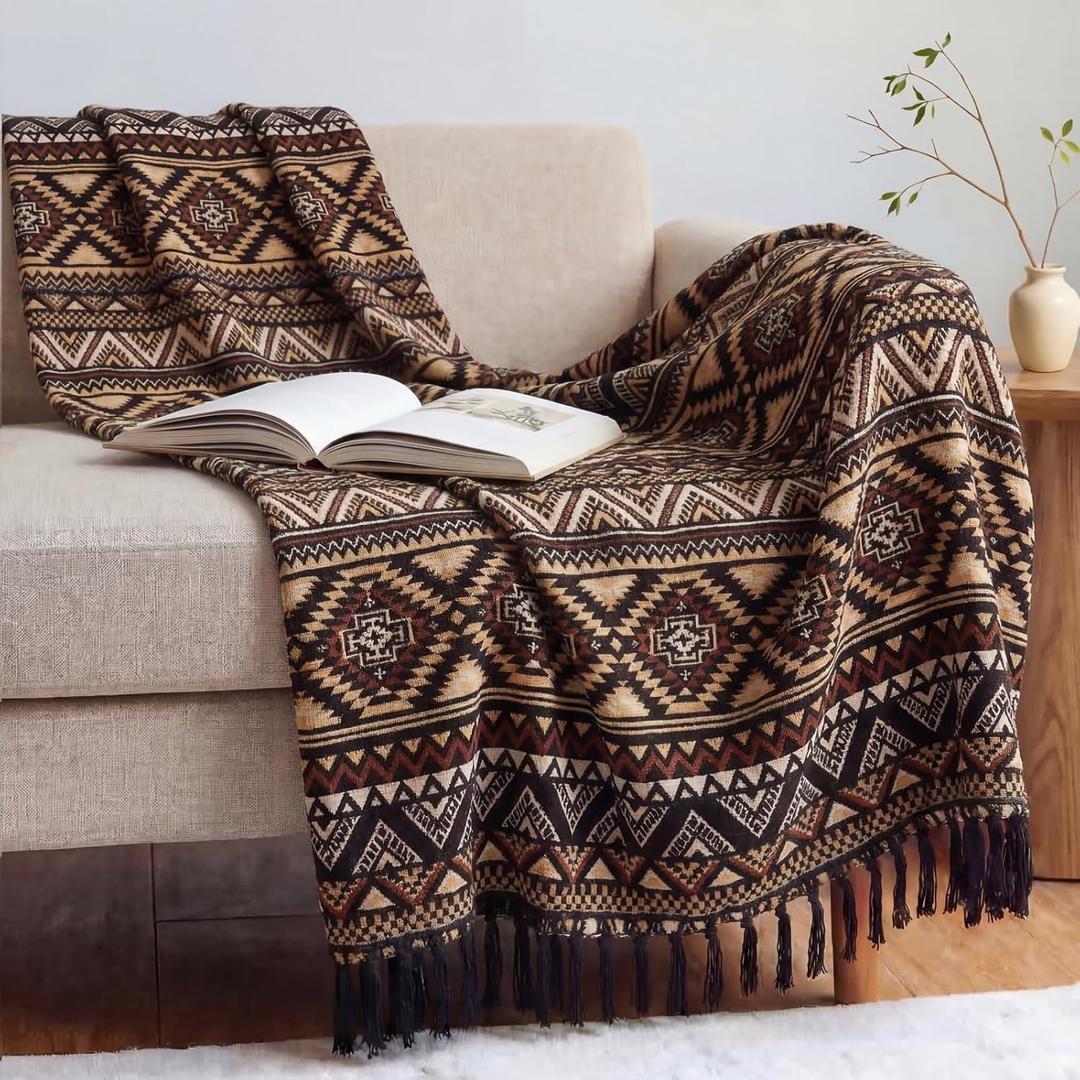 CASAAGUSTO Boho Throw Blanket - Brown Black Decorative Blankets with Tassel, Printed Flannel Bohemian Blanket for Chair, Bed, Sofa, Couch(50 * 60, Brown Black)