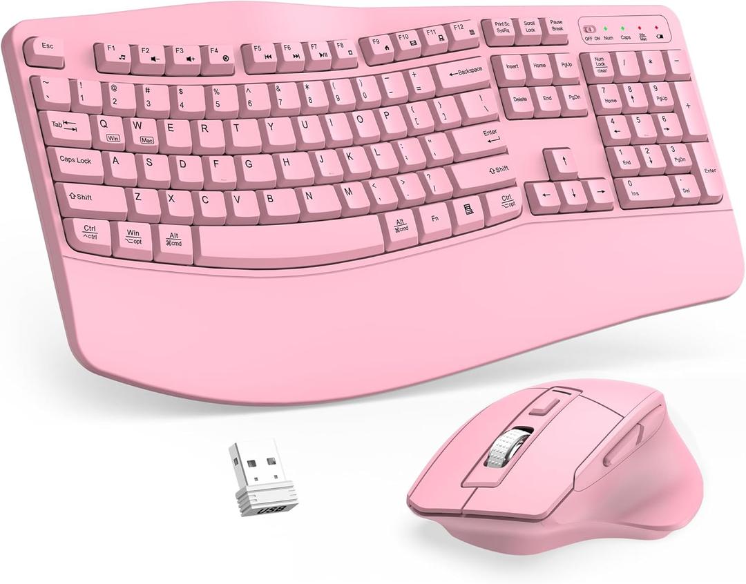 Wireless Keyboard and Mouse Combo, 2.4G Full Size Wave Keys Ergonomic Keyboard with Wrist Rest and 3-Level DPI Adjustable Wireless Ergonomic Mouse for Windows, Mac OS Desktop/Laptop/PC(Pink)