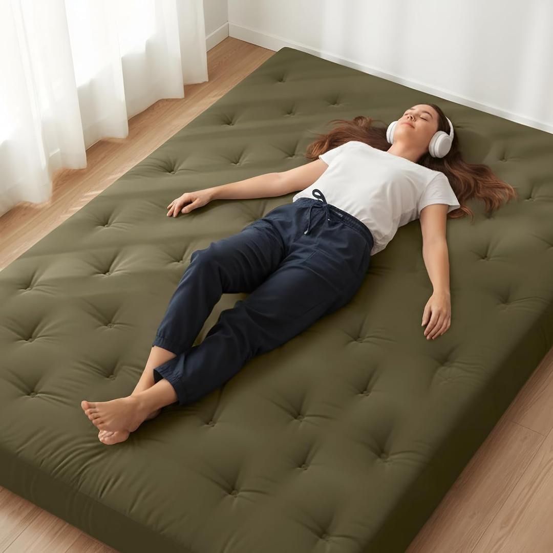 ZonLi Japanese Floor Futon Mattress King Size 76"x80"100% Cotton Cover 6'' Thicken Tatami Mattress,Foldable Sleeping Pad,Portable Dormitory Tatami Mat,Roll Up Floor Lounger Bed for Adult (Winter Moss)