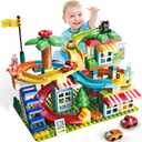 XYNGU Marble Run Building Blocks, Classic Large Blocks Maze Track Sets with 4 Cars, STEM Toy Bricks Maze Puzzle Set Race Track Compatible with Major Brands for Age 3 4 5 6 7 8+ Boys Girls Gift