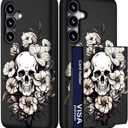 Compatible with Samsung Galaxy S24 & S25 Case with Card Holder Cute Shockproof Drop Protection Phone Wallet Slot Cover Cases for Women - Black Floral Skull Skeleton