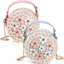 DEAYOU 2 Pack Little Girls Purse, Kids Purse Mini Crossbody Bag, Cute Princess Shoulder Handbag Girls Wallets with Chain for Teenagers, Gifts, Birthday, Party, Round, Pearl Flowers Style, Pink, Blue