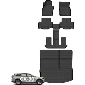 Wayhigh-for 2024 2025 2026 Mazda CX-90 & CX90 PHEV 7 Seater (2nd Row Captain Seat or Bucket Seat) All Weather Floor Mats Cargo Liner Set TPE Trunk Mat Waterproof Floor Liners CX90 Accessories-Black