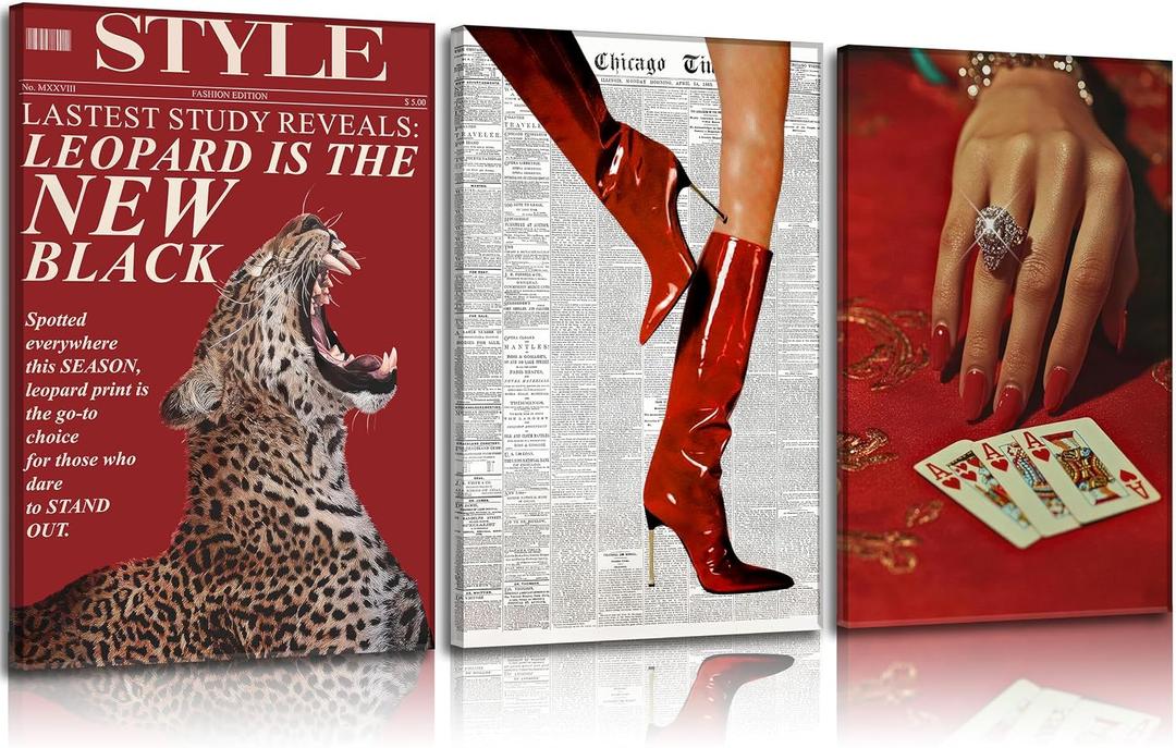 KVBJZYZ Red Cheetah Print Room Decor Poster, Trendy Fashion Red Boots Print Wall Art Aesthetic Vintage Playing Cards Poster Coquette Preppy Y2k Bar Cart Funky Art For Girly Bedroom home decoration, 24L" x 16W" Canvas