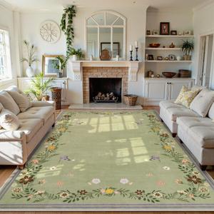Beeiva Floral 8x10 Sage Green Area Rugs for Living Room, Non-Slip Machine Washable Area Rugs with Low Pile Border, Ultra-Thin Carpet for Bedroom Dining Room Office (Sage Green,8'x10')