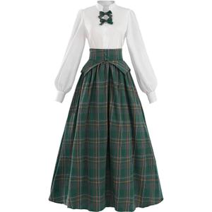 LTAKK Victorian Dress for Women Plaid Edwardian Renaissance Dresses Vintage Tartan Skirt, Green Plaid, XXL