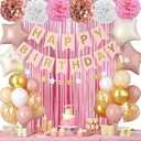 Pink and Gold Birthday Decorations, Women Girls Princess Party with Apricot White Pink Gold Confetti Birthday Balloons Happy Birthday Banner Pink Fringe Curtain Tissue Paper Pompoms Star Garland