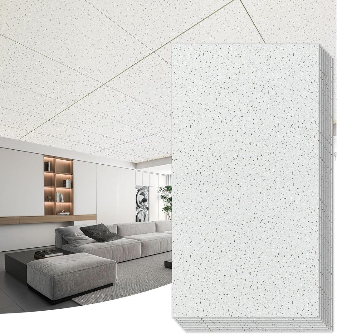 Art3d Acoustic Drop Ceiling Tiles 2ft x 4ft, 10-Pack Waterproof Polyester Ceiling Panels for Office Basement Kitchen Recording Room, Reusable,Covers 80 Sq.Ft, White Stucco Printing, 24*48 10pcs