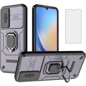 Asuwish Phone Case for Samsung Galaxy A34 5G with Slide Camera Cover Tempered Glass Screen Protector Ring Holder Stand Rugged Slim Protective Military Grade Hybrid Cell A 34 34A Women Men Purple