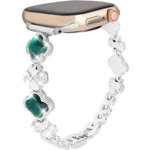 Bling Metal Band Compatible for Apple Watch Band 38/40/41/42/44/45/46/49mm, Women Clover Bracelet with Rhinestone for iWatch Series 10/9/8/7/6/5/4/3/2/1/SE (Silver Band with Green Diamonds)