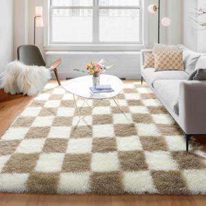 KICMOR Rugs for Living Room, 5x8 Fluffy Soft Beige and Cream White Checkered Shag Area Rug Large Fuzzy Shaggy Bedroom Carpet, Plush Rug for Kids Boys Girls Teen Dorm Nursery Home Decor Aesthetic (5 x 8 Feet, Beige / Cream White)