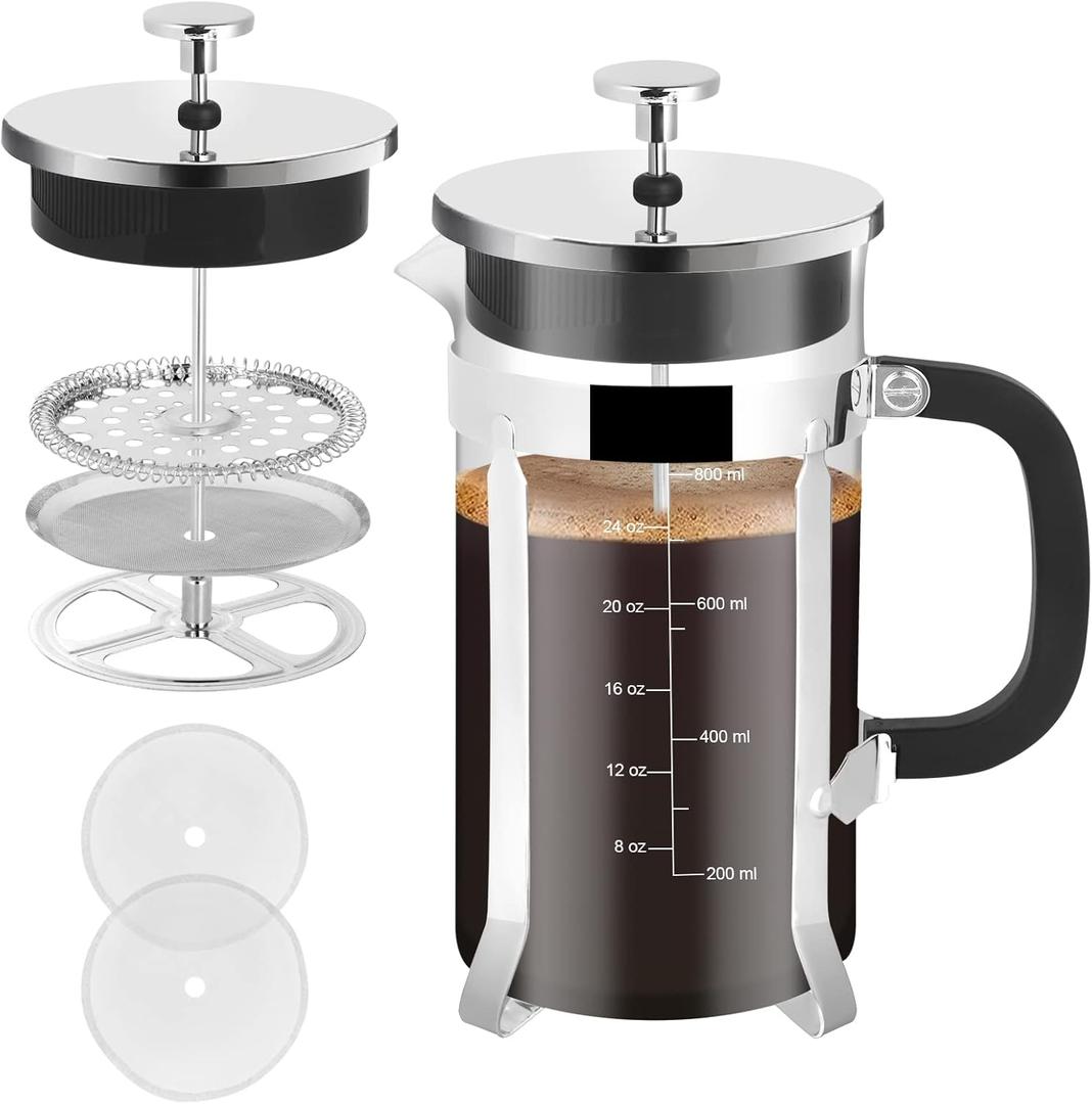 French Press Coffee Maker,34oz 304 Stainless Steel with 2 Filter, Heat Resistant Durable, Easy to Clean, Borosilicate Glass Press, BPA Free Glass TeaPot-34 Ounce 1 Liter (Chrome)