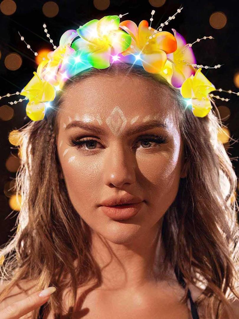 Sixexey Light Up Flower Headband LED Hawaii Hair Hoop Colorful Rainbow Headpieces Hawaiian Headbands Summer Beach Hair Accessories for Women