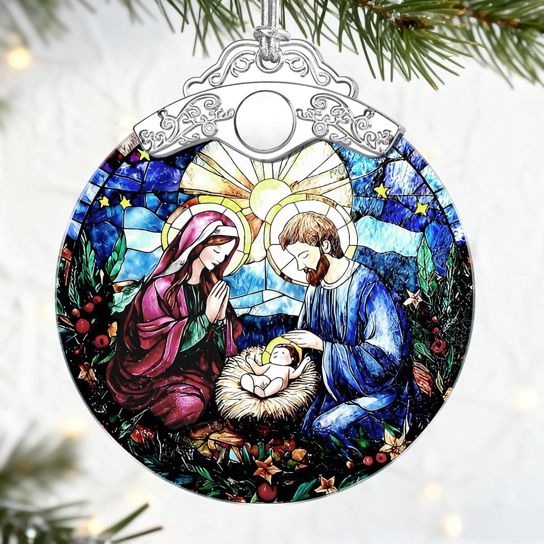 2 x Christian Gifts: Stained Glass Nativity Scene Ornament | Christmas Ornaments (Christmas Tree Ornaments), Religious Decor, Holy Family Decoration, Religious Gifts, Baptism Gift & Xmas Gift