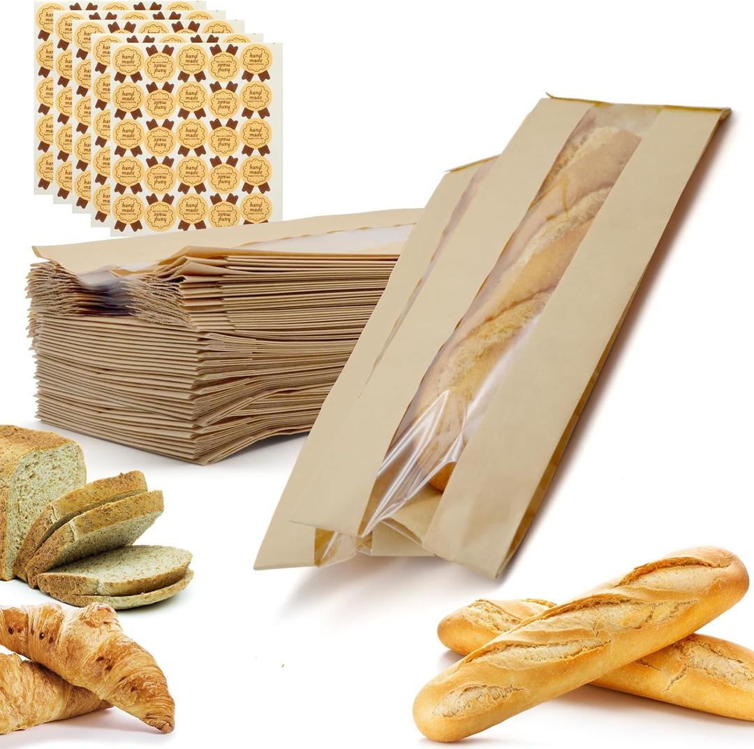 105 PACK Paper Bread Bags with Stickers, Long French Bread Bags Kraft Paper Bread Loaf Bags with Clear Window for Homemade Bread & Baked Food Storage(13.78 * 4.33 * 1.57 Inch)