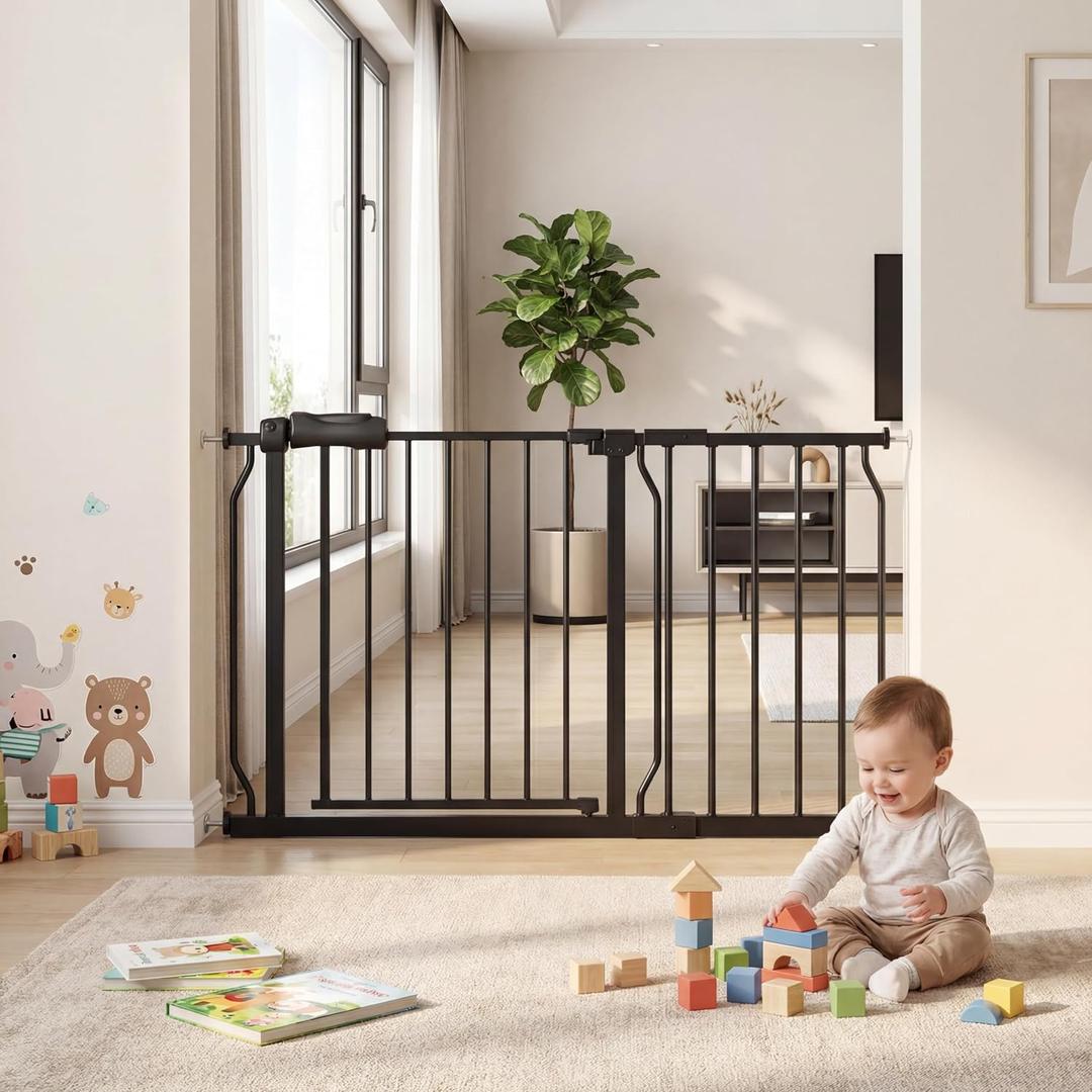Extra Wide Pressure Mount Baby Gate Walk Through Auto Close White Metal Child Dog Pet Indoor Safety Gates for Stairs,Doorways,Kitchen and Living Room (43.31"-48.03"/110-122CM, Black)