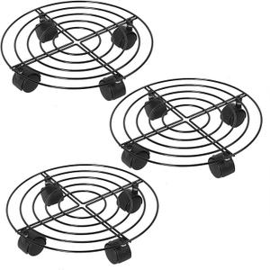 KINJOEK 3 Packs 10.6 Inches Metal Plant Caddy with Lockable Wheels, Round Flower Pots Planter Dolly Base Stand Set with 360 Rolling Casters for Indoor, Outdoor, Home, Garden, Black, Load Max 110Lbs