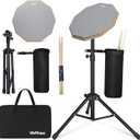 12 Inch Practice Drum Pad with Stand, Sticks and Drum Stick Bucket, Beginner Snare Drum Pad with Drumsticks(one pair) and Carrying Bag, Double Sided Silent Drum Pad (Gray)
