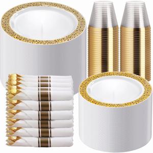 WELLIFE 350 Pieces Gold Plastic Dinnerware, Include:50 Dinner Plates,50 Dessert Plates, 50 Pre Rolled Napkins with Silverware and 50 Cups for Party