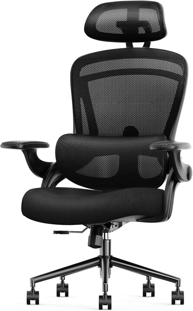 Sweetcrispy Ergonomic Mesh Office Chair, High Back with 2D Headrest, Up&Down Lumbar Support, Swivel Computer Task Desk Chairs with Adjustable Flip-up Armrests, Inky