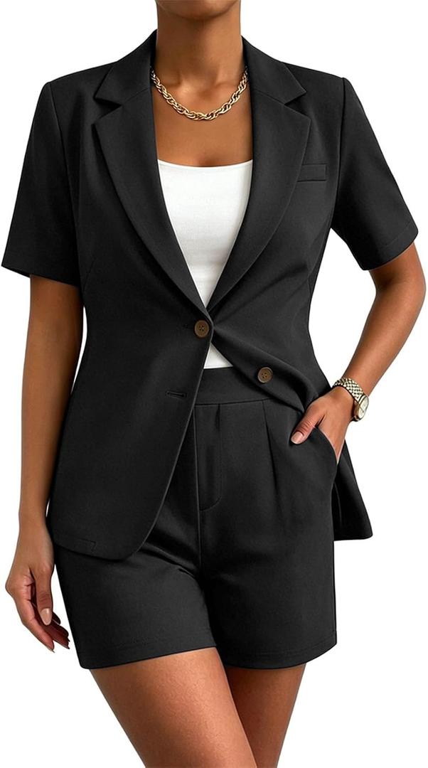 MorwenVeo Two Piece Suit Sets for Women Summer Business Casual Outfits Short Sleeve Blazer Wide Leg Shorts Set (Black)  L