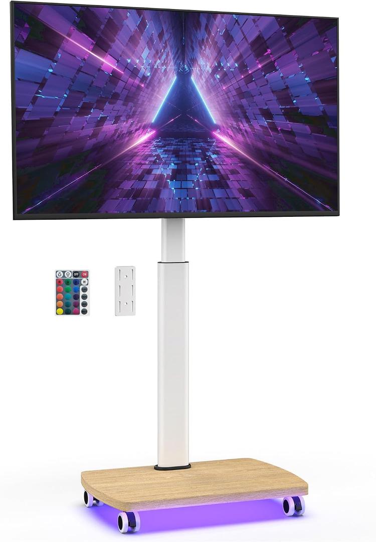 AOKCOS Rolling TV Stand with LED Lights for 32-65 Inch TV, 8-Height Adjustable Mobile TV Stand with 12 Tilt, Wooden Base Floor TV Mounts, Max Load 88lbs, VESA 100x100mm to 400x400mm, White