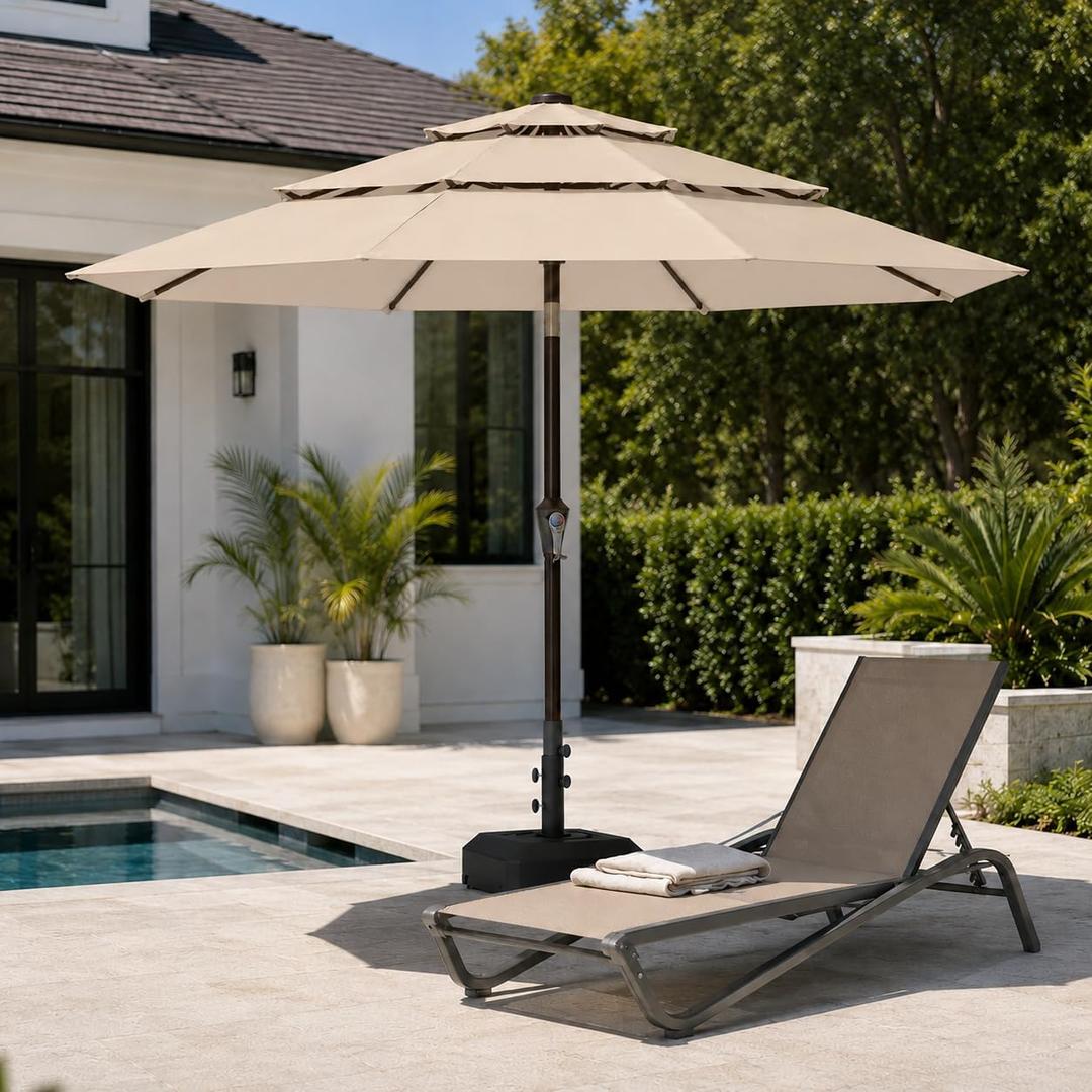 10ft Patio Umbrella, 3-Tier Vented Outdoor Table Umbrella with 8 Sturdy Fiberglass Ribs, Windproof Market Umbrella with Push Button Tilt and Crank, UV Protection for Deck, Pool, Beige