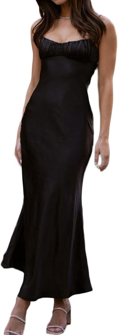 Satin Spaghetti Strap Backless Ruched Twist Cocktail Dresses for Women Silk Open Back Cut Out Midi Dress Wedding Guest (Black, XS)