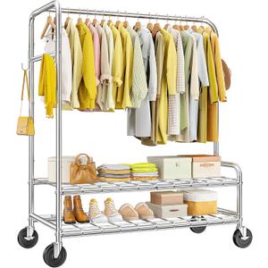 Raybee Heavy Duty Clothes Rack Load 420 LBS, Clothing Racks for Hanging Clothes, Rolling Garment Rack with Sturdy Wheels & 2 Shelves for Bedroom, Laundry Room, Entry Hall, Portable, Chrome