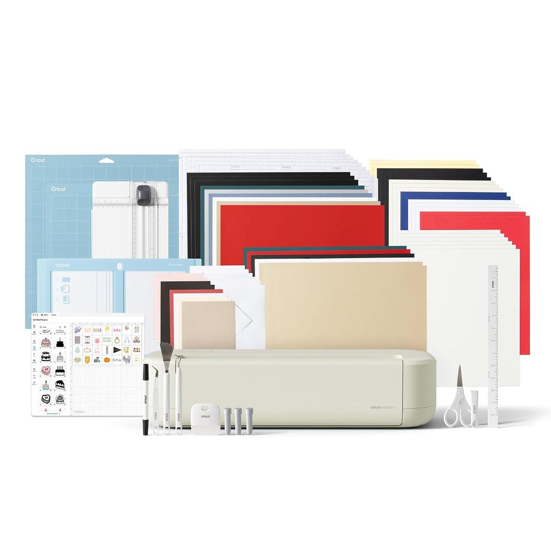 Cricut Explore 5 Deluxe Bundle + $100 Digital Content, Taupe - Precise Cutting Machine - Works w/100+ Materials - Sleek Design - Includes Supplies for 100 Projects + Additional Bonus Digital Content