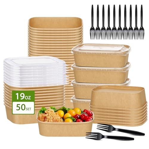 50-Pack 19oz Disposable Kraft Paper Bowls with Lids and Forks, Disposable Meal Prep Containers Bowls Disposable Food Prep Container with Lids, Freezer and Microwave Safe for Hot Soup Cold Food Takeout