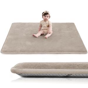 Huloo Sleep Baby Play Mat for Floor, 1.3" Thick Elasti-Foam 50"×50" Playpen Mat for Tummy Time, Water Repellent Soft Coral Velvet for Toddler, Infant, Kids, Non-Slip Backing Safe for Crawling (Beige)