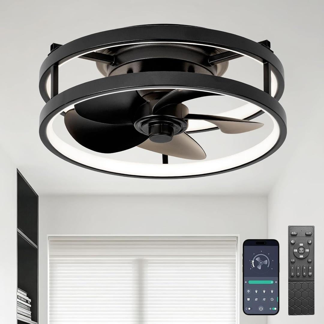 13" Small Ceiling Fan with Light with Remote Low Profile Flush Mount Fandalier LED Fan Light with App,Modern Ceiling Fans for Bedroom Black