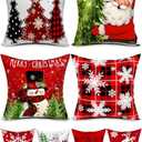 Double-Sided Print Christmas Pillow Covers 20''x20'', Set of 4, 8 Christmas Patterns Christmas Tree, Snowman, Snowflakes, Merry Christmas, Deer, Santa Claus,Truck, Let It Snow, Soft Linen Material