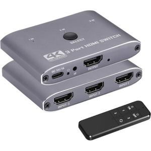 HDMI Switch 4K@60Hz, 3 Port HDMI Switch 3 in 1 Out with IR Remote Control, Support 4K, 3D, 1080P, HDMI 2.0, HDCP 2.2, Ultra HD for HDTV, PS4/5, Game Consoles etc