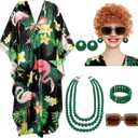 Maiteenly 6 Pcs Carnival Landlady Women Costume Curly Wig Print Caftan Dresses Jewelry Set and Sunglass for Cosplay Party