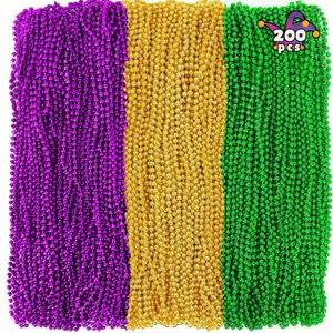 Camlinbo 200PCS Mardi Gras Beads, 33" Bead Necklace, Green Purple Gold Metallic Mardi Gras Beads Accessories Bulk for Carnival Parade Throws Party Decorations Supplies Favors