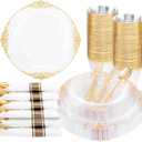 Nervure 175PCS Clear Gold Plastic Plates - Disposable Gold Party Plates & Pre Rolled Napkins with Cutlery for 25 Guests, 50Plates, 75Silverware, 25Cups, 25Napkin for Wedding & Party