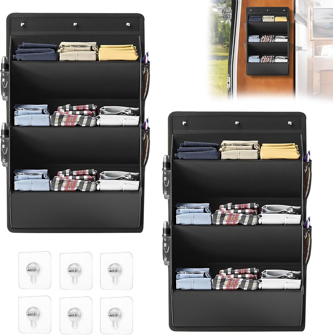 3 Layers Rv Shoe Storage, 2 Pack Hanging Shoe Organizer with Sticky Adhesive Tape, Over the Door Shoe Rack for Closet, Large Deep Pockets Wall Hanging Shoe Organizer for Boots in RV, Dorm, Black
