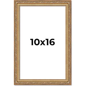 Poster Palooza 10x16 Frame Gold Antique Solid Pine Wood Picture Frame with UV Acrylic Plexiglass, Foam Board Backing & Hanging Hardware Included