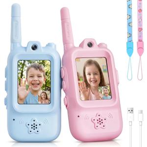 Walkie Talkies for Kids with Real-Time Video Chat, 2 Pack Rechargeable Two-Way Radios, Long Range & Voice Changer, Indoor Outdoor Adventure Toys for Boys Girls Age 3-12 (Blue/Pink)