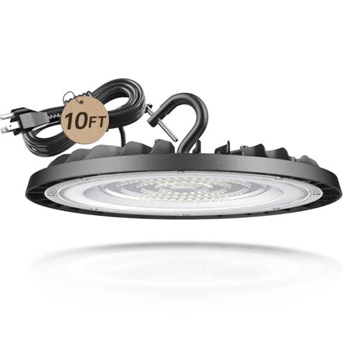 LED High Bay Light 150W with 10FT Cable Plug, 21500LM Brighter 5000K UFO Led Shop Lights with Hook, IP66 Waterproof 120V Commercial Lighting for Warehouse Workshop Barn Garage Gyms Factory, Non-Dim