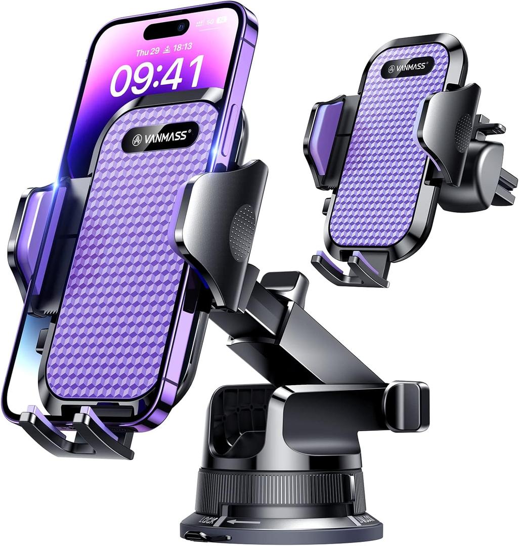 [Pro Version] VANMASS Universal Car Phone Mount [Super Suction Cup] Dashboard Phone Holder, Handsfree Windshield Dash Vent Phone Holder Car, Compatible for iPhone 17 16 15 14 Samsung LG & Truck,Purple