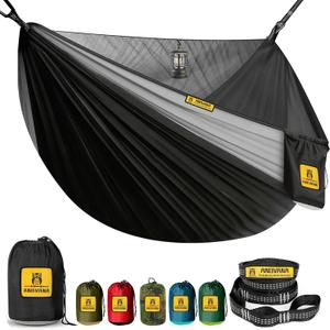Camping Hammock with Mosquito Net, 500 lbs Portable Hammock with Tree Straps, 2-in-1 Double/Single Travel Hammock Tent for Outside/Indoor/Backpacking/Beach - Black & Grey