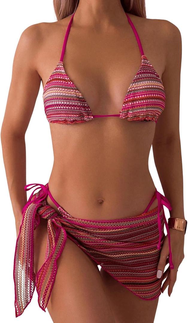 Milumia Women's 3 Piece Boho Bikini Set with Cover Ups Triangle Halter Swimsuits (Pink, L)