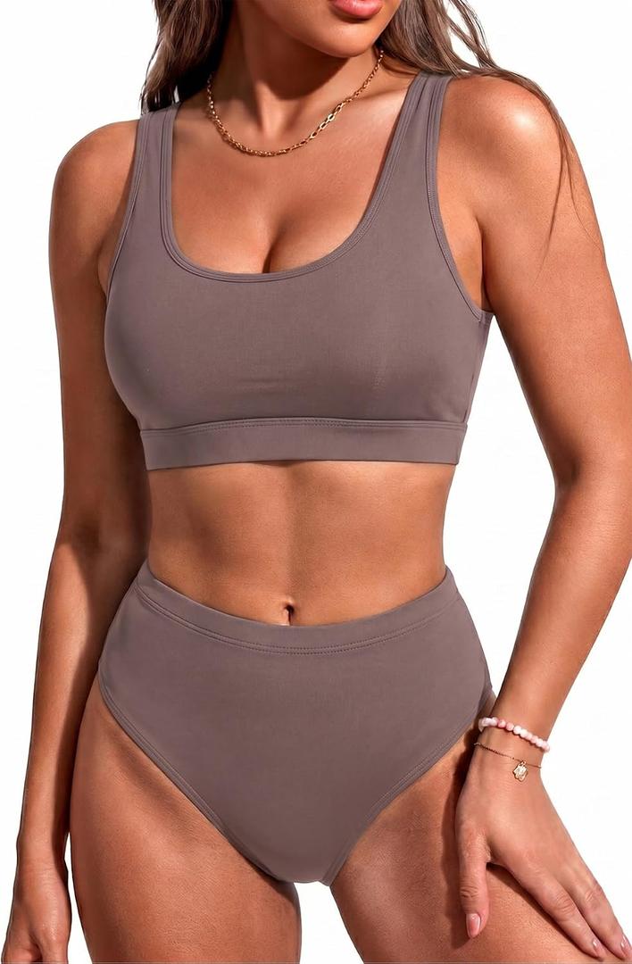 Tempt Me Women Sporty Bikini Set Two Piece High Waisted Swimsuit Athletic Scoop Neck Bathing Suit (M)